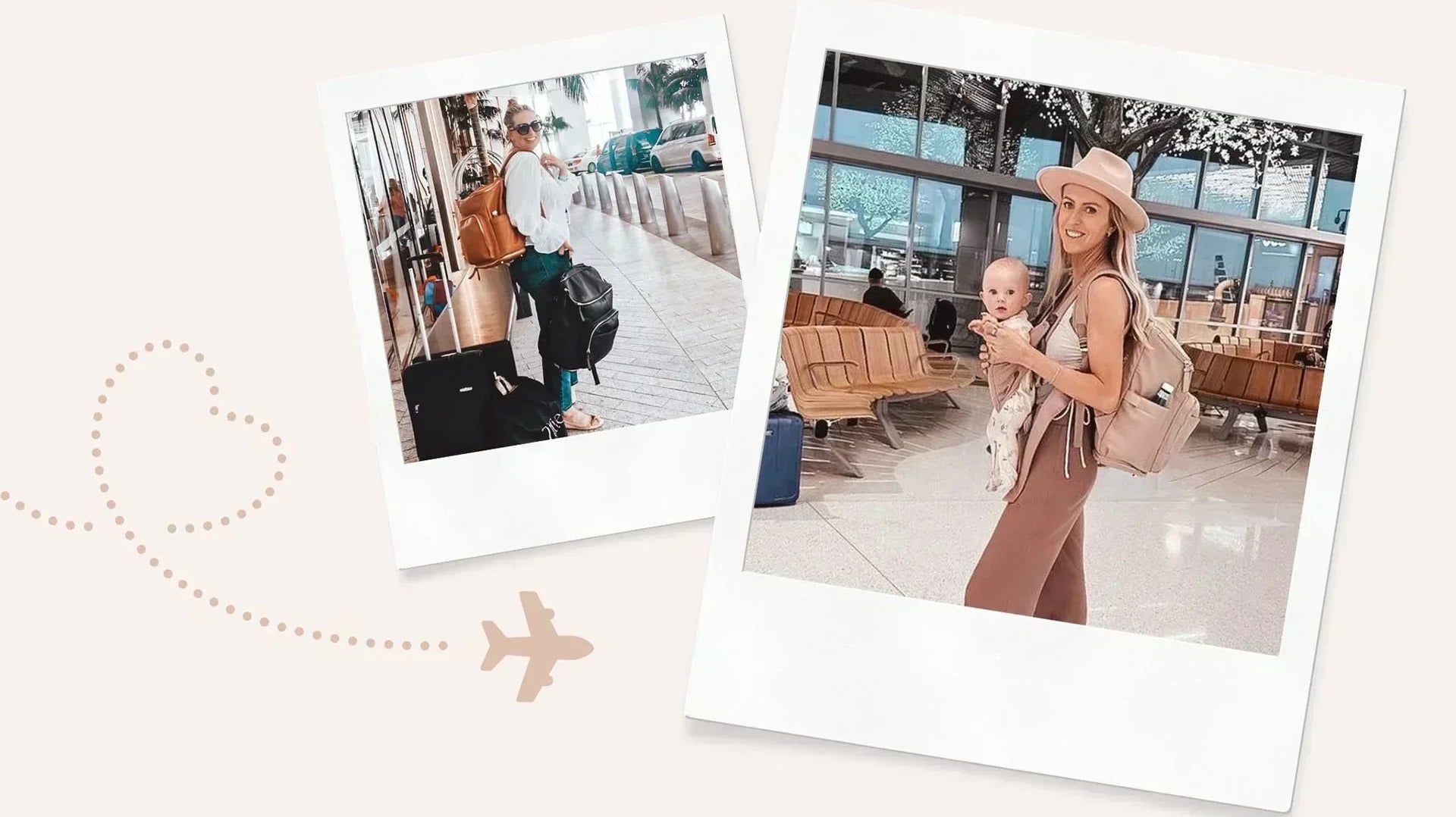 Collage of two photos showing a mum carrying a nappy bag backpack while travelling – practical and stylish for Australian mums on the go.