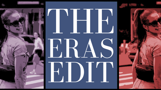 Woman wearing a designer bum bag in multiple colour filters with overlay text ‘The Eras Edit’.