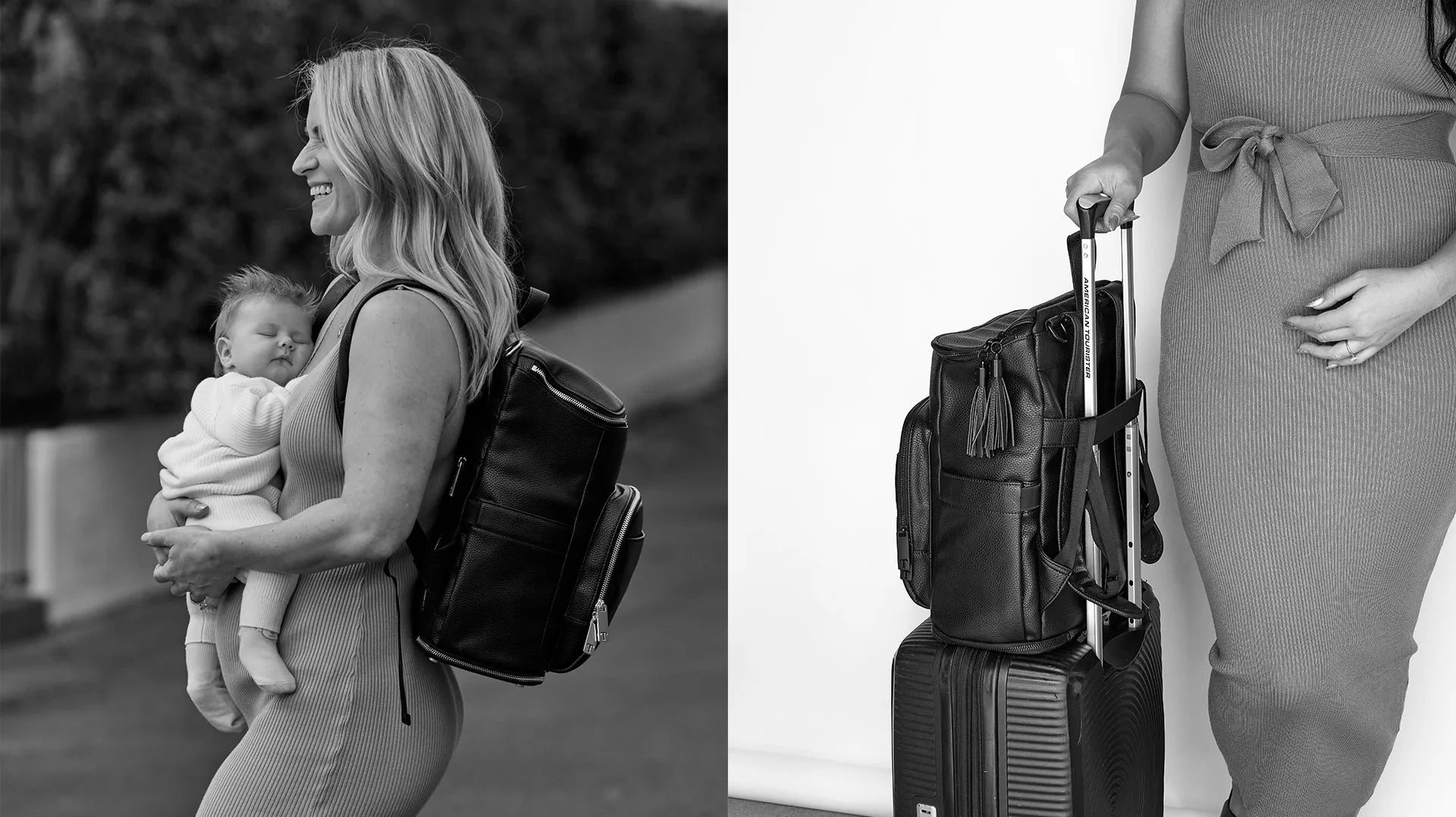 Collage showing what to pack when travelling with kids – pregnant mum with nappy bag on luggage and another mum carrying baby with nappy bag