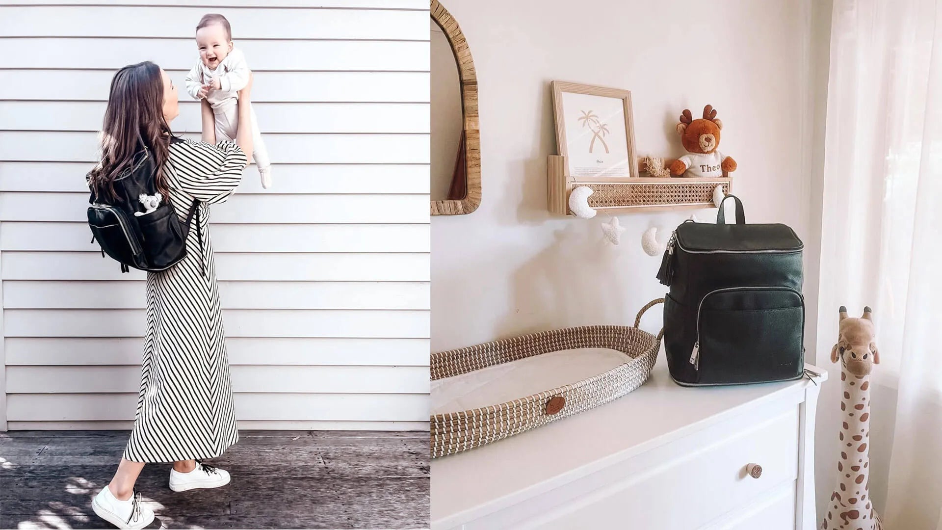 Collage showing a mum with a baby and nappy bag backpack, alongside a black nappy bag displayed on a table for Mother’s Day.
