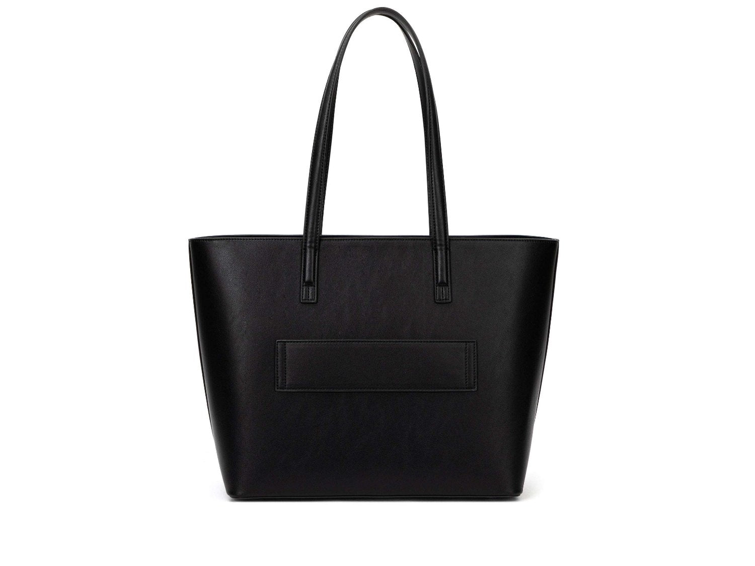 A black leather tote bag on white background