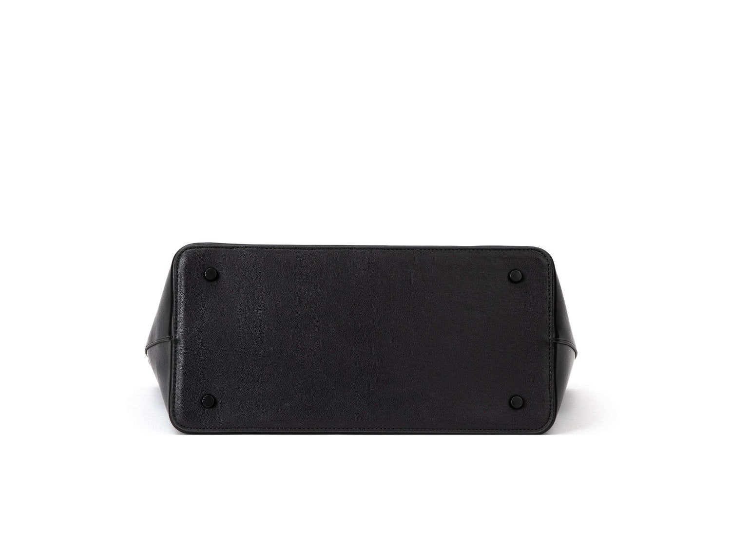 A black leather tote bag on white background