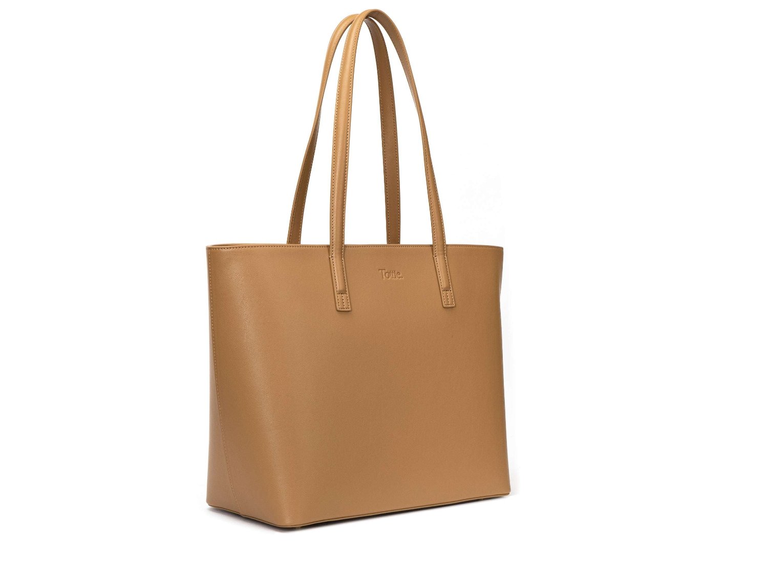 A tan colour leather tote bag on white background