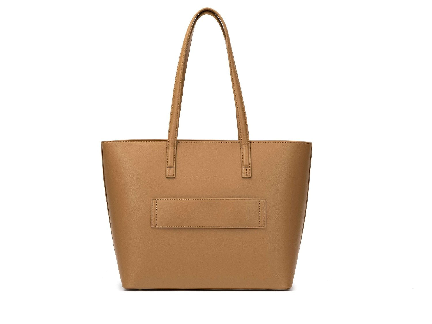 A tan colour leather tote bag on white background