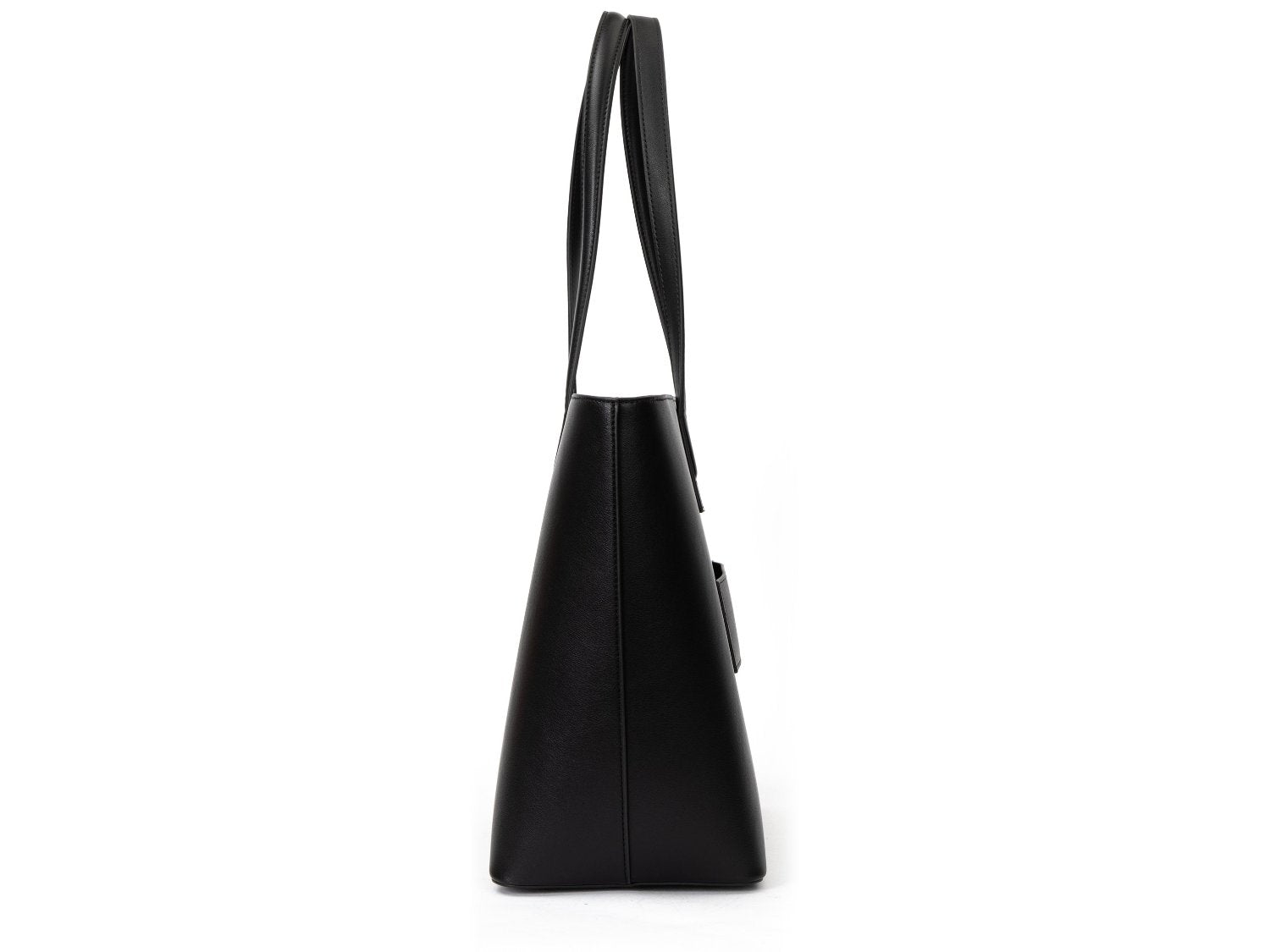 A black leather tote bag on white background