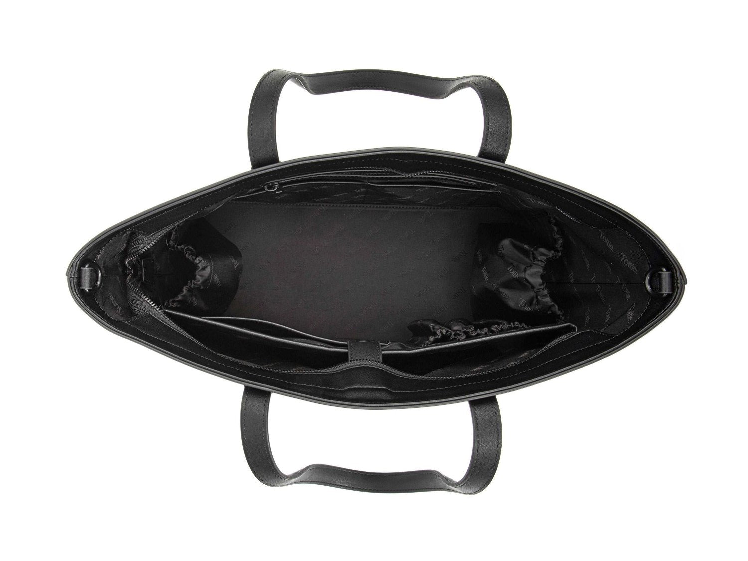 unzipped black leather tote bag on white background