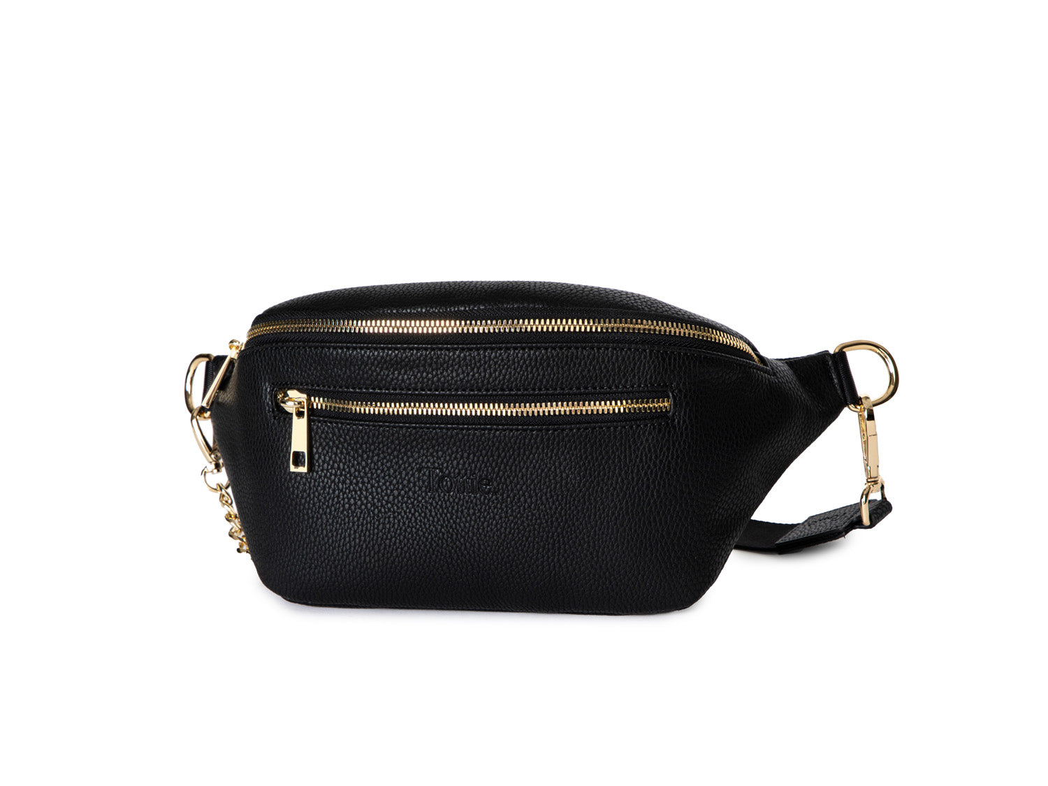 A Bum Bag in black leather with gold hardware on white background