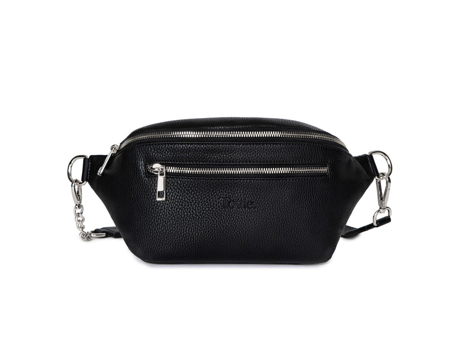 A Bum Bag in black leather with silver hardware on white background