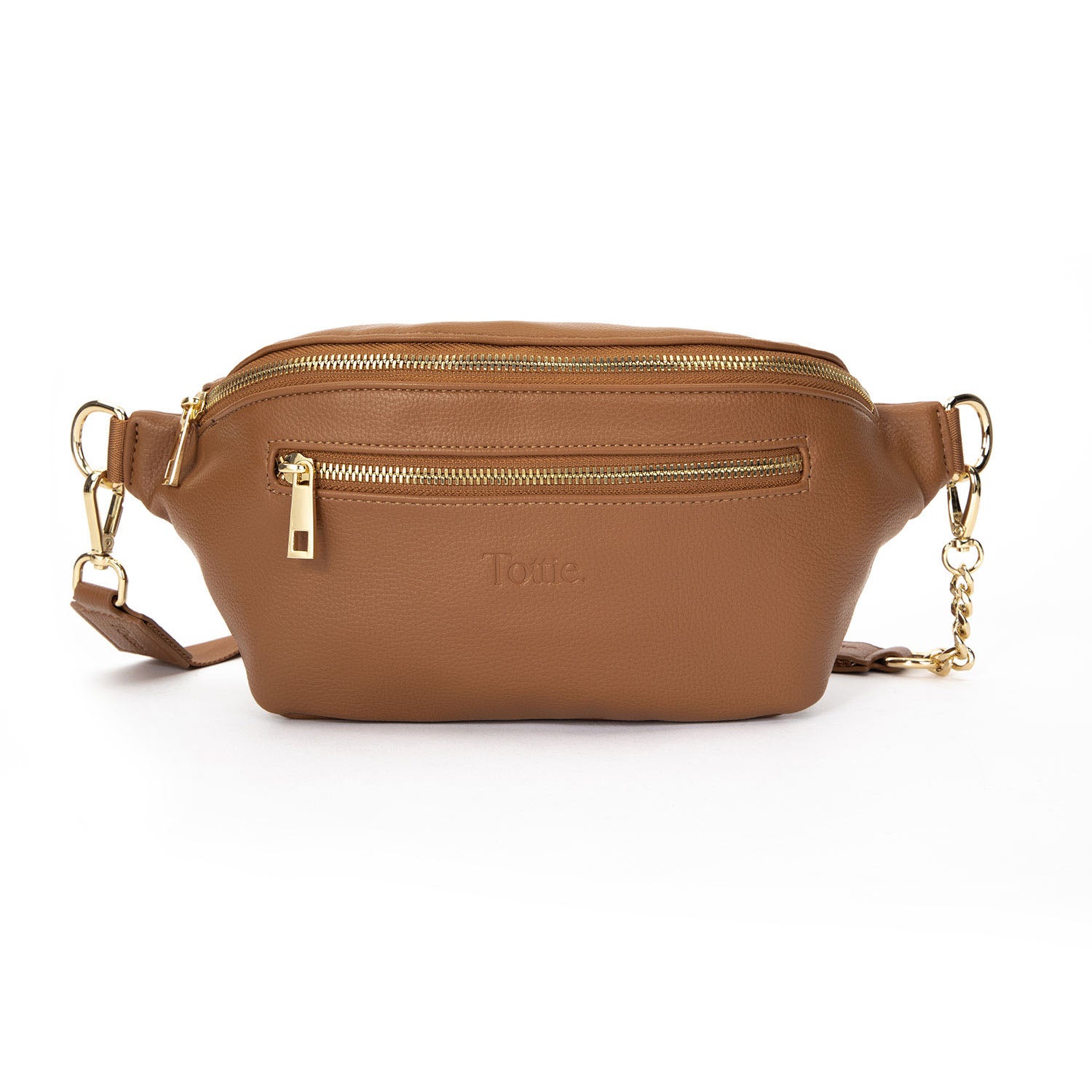 Close-up shot of a tan vegan leather bum bag with a gold chain, showcasing its stylish and functional design