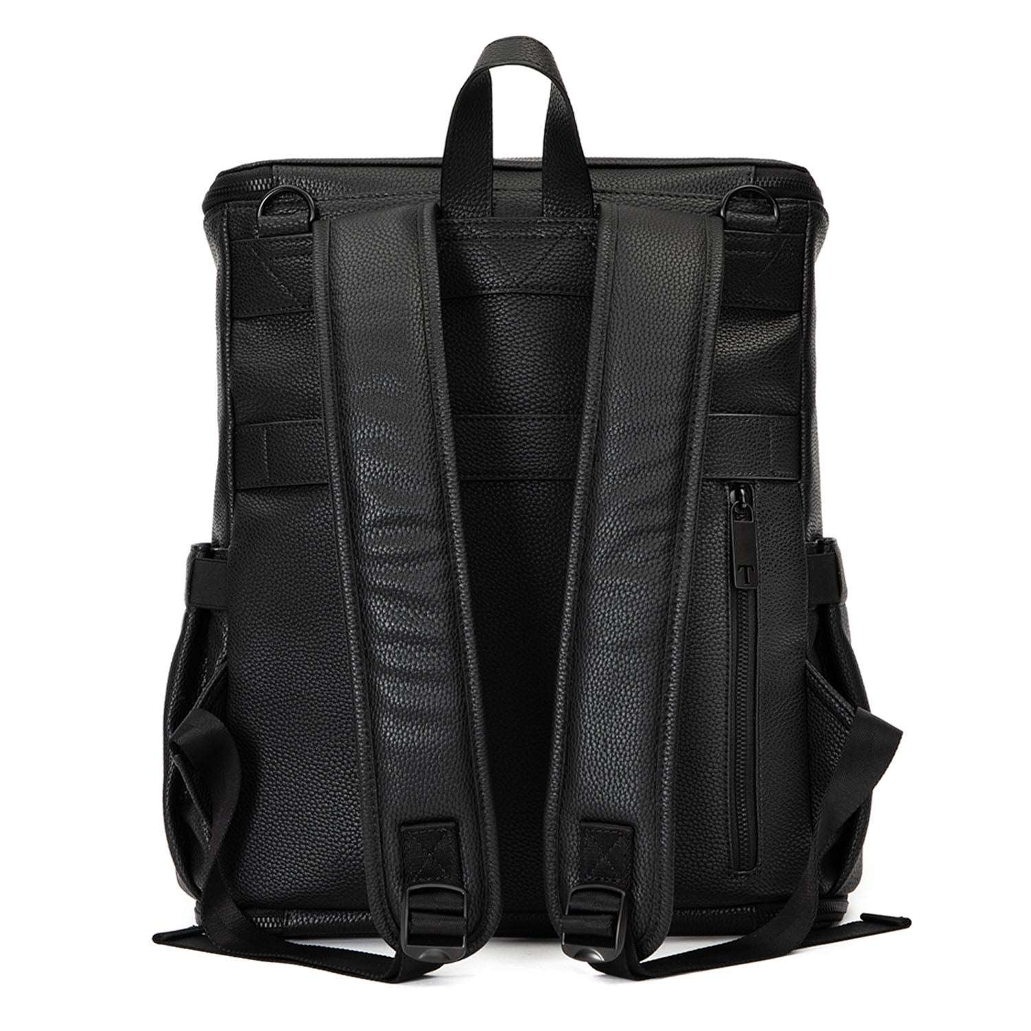 A black leather travel backpack with black zippers on white background