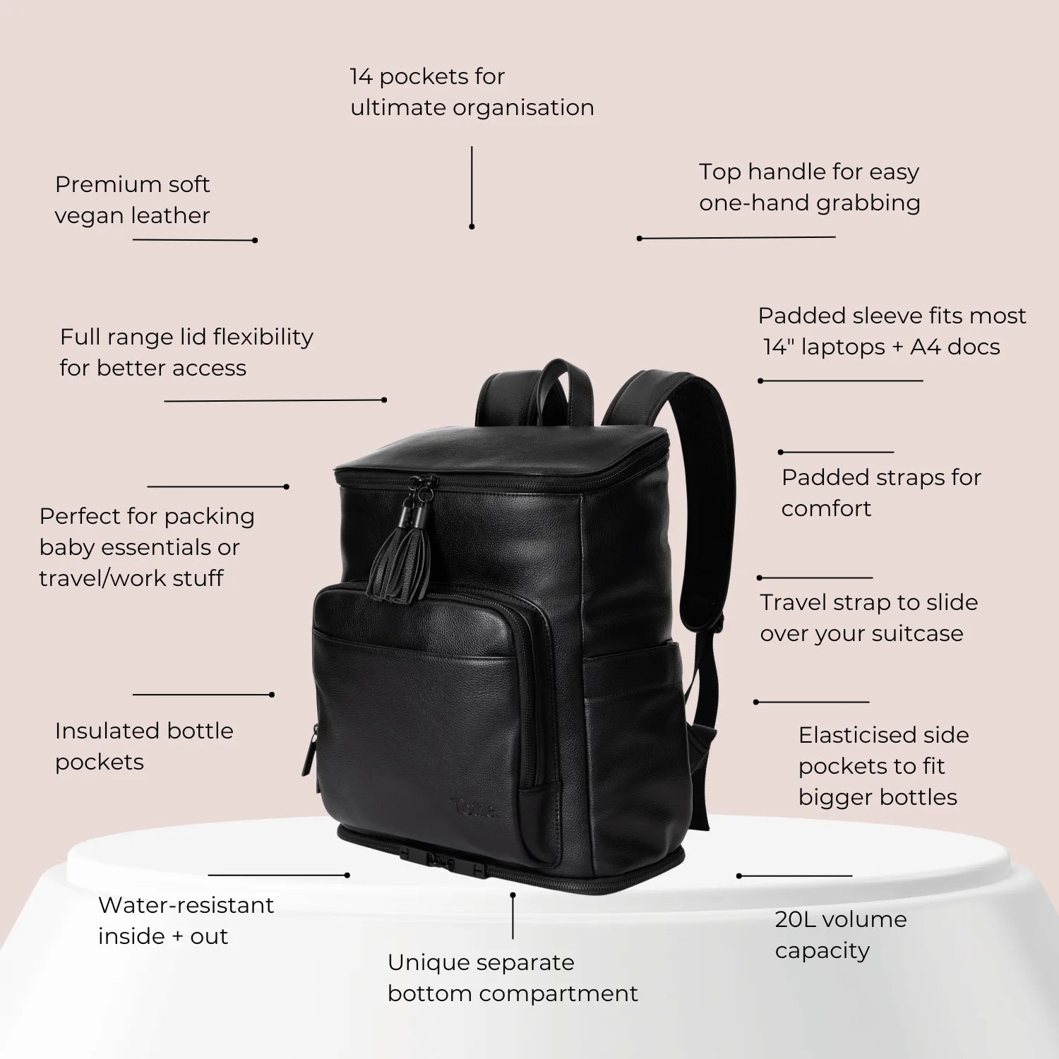 Sleek black nappy bag with black hardware and surrounding feature texts – ideal for organised and stylish parenting.