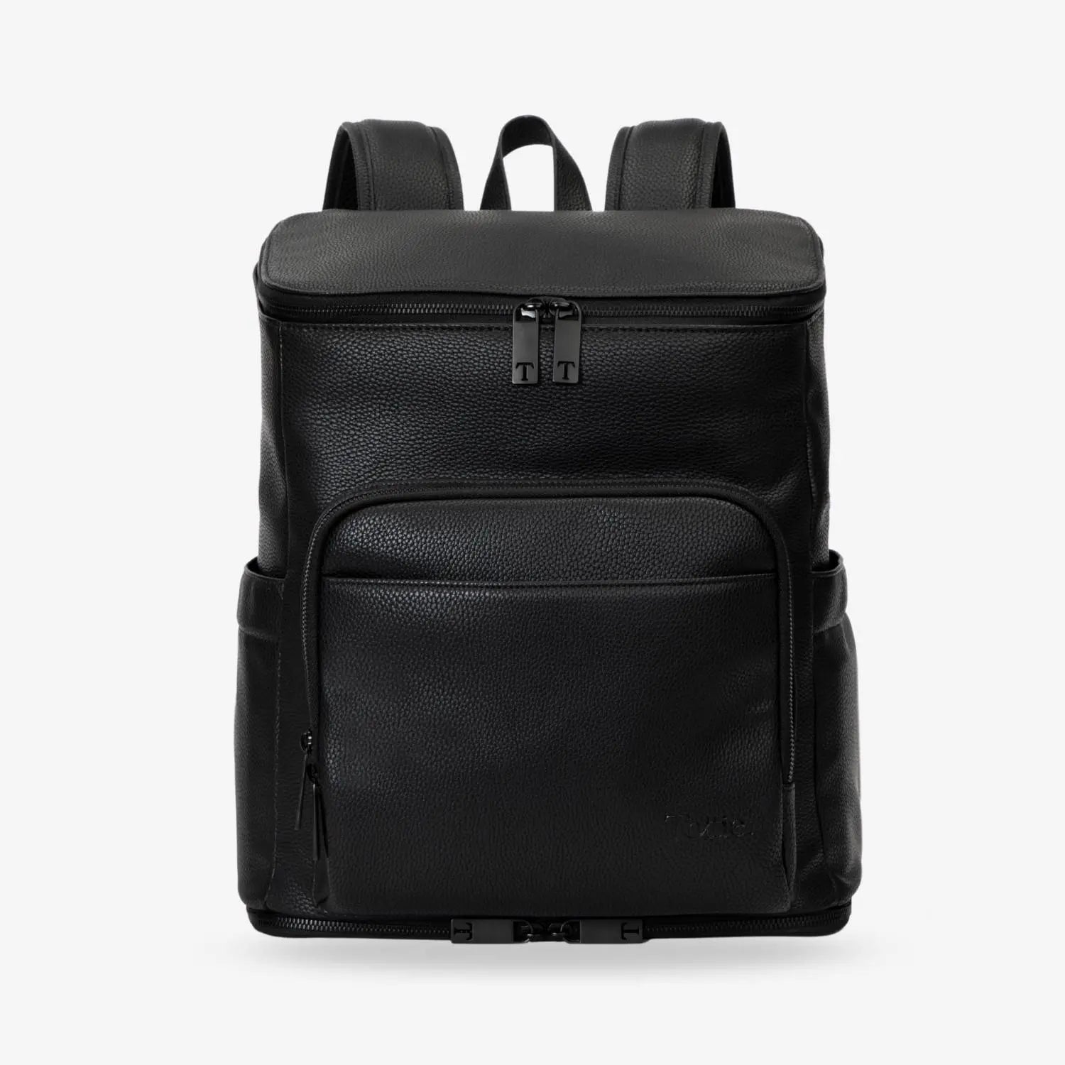 Structured front profile of black nappy bag backpack with black hardware on plain white background