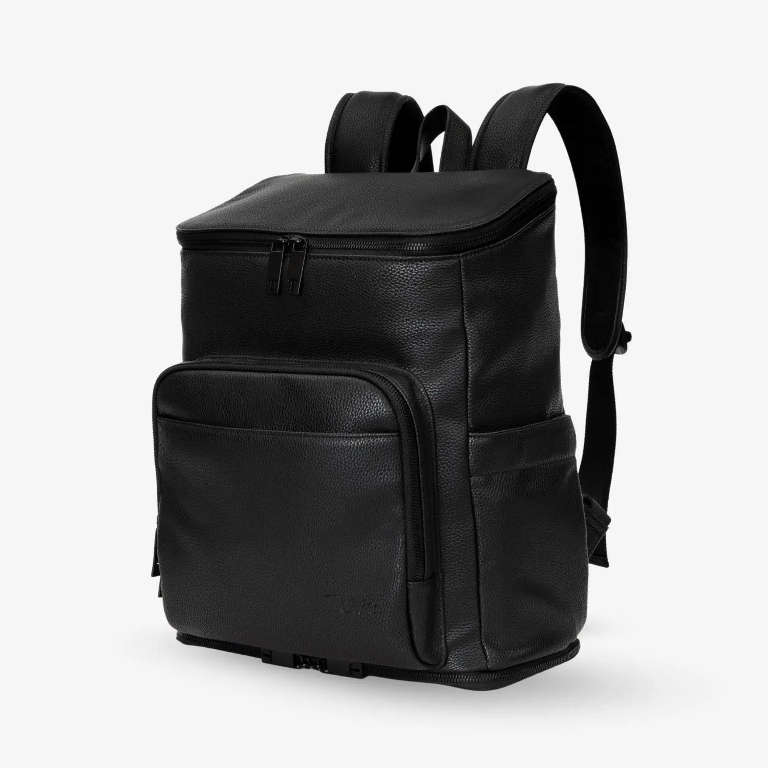 Black nappy bag backpack in slight side angle with black hardware, isolated on white background.