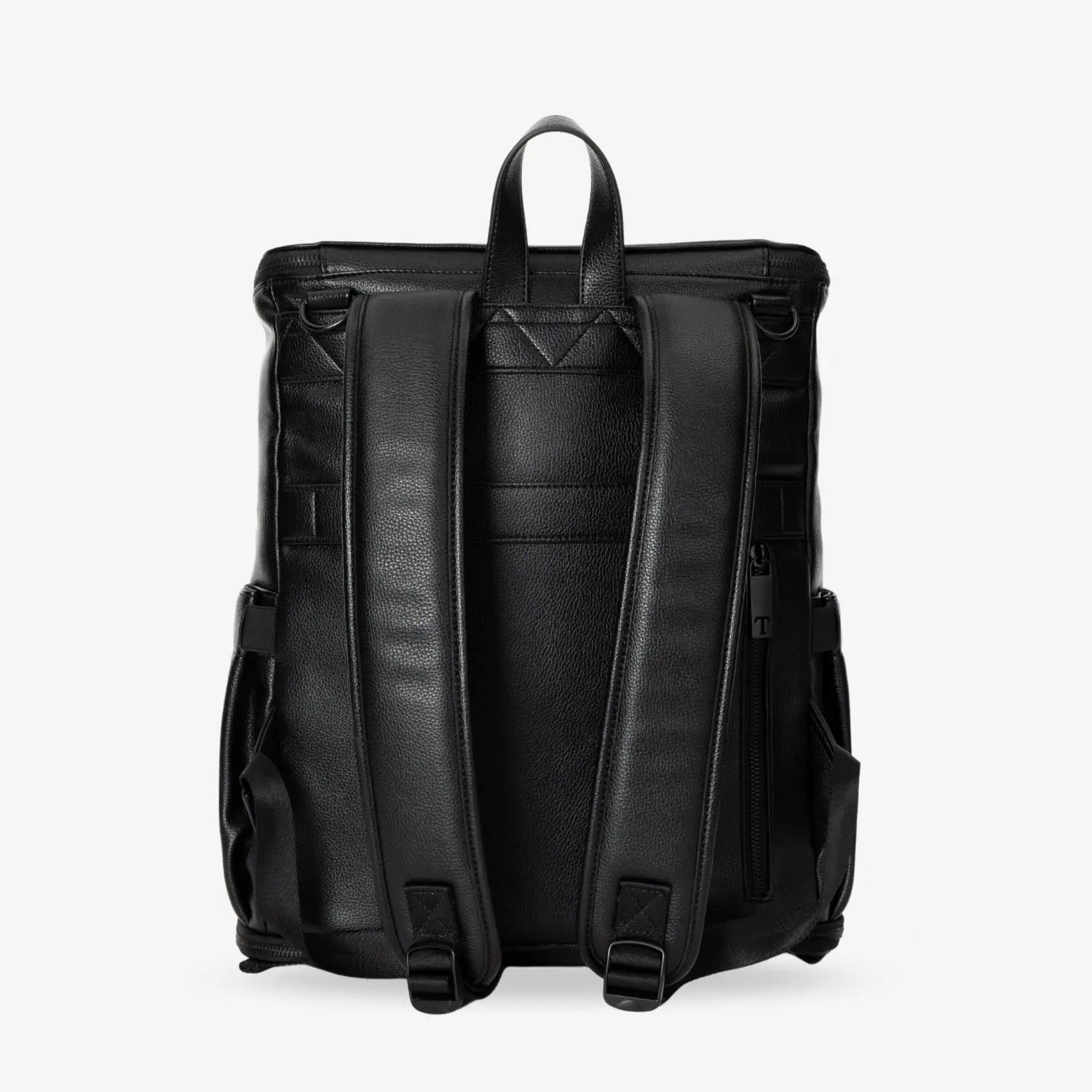 Back view of black nappy bag backpack with black hardware on white background showing padded adjustable straps.