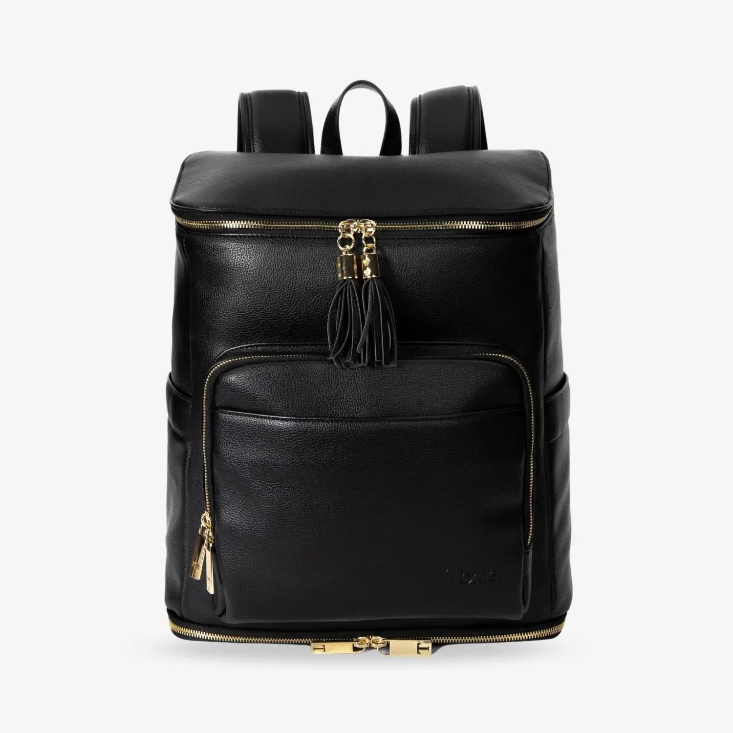 Front view of black nappy bag backpack with gold hardware – versatile and elegant baby bag for everyday use.