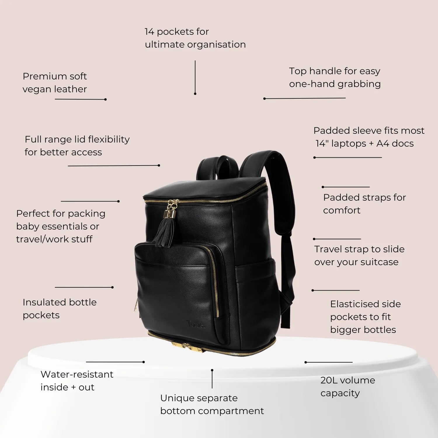 Best nappy bag in sleek black with gold accents, surrounded by feature descriptions like 14 pockets, insulated bottle pockets and change mat.