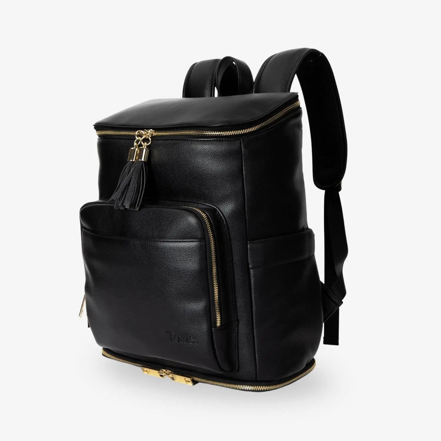 Detailed slight side view of black nappy bag backpack showing gold hardware – sleek and durable baby bag