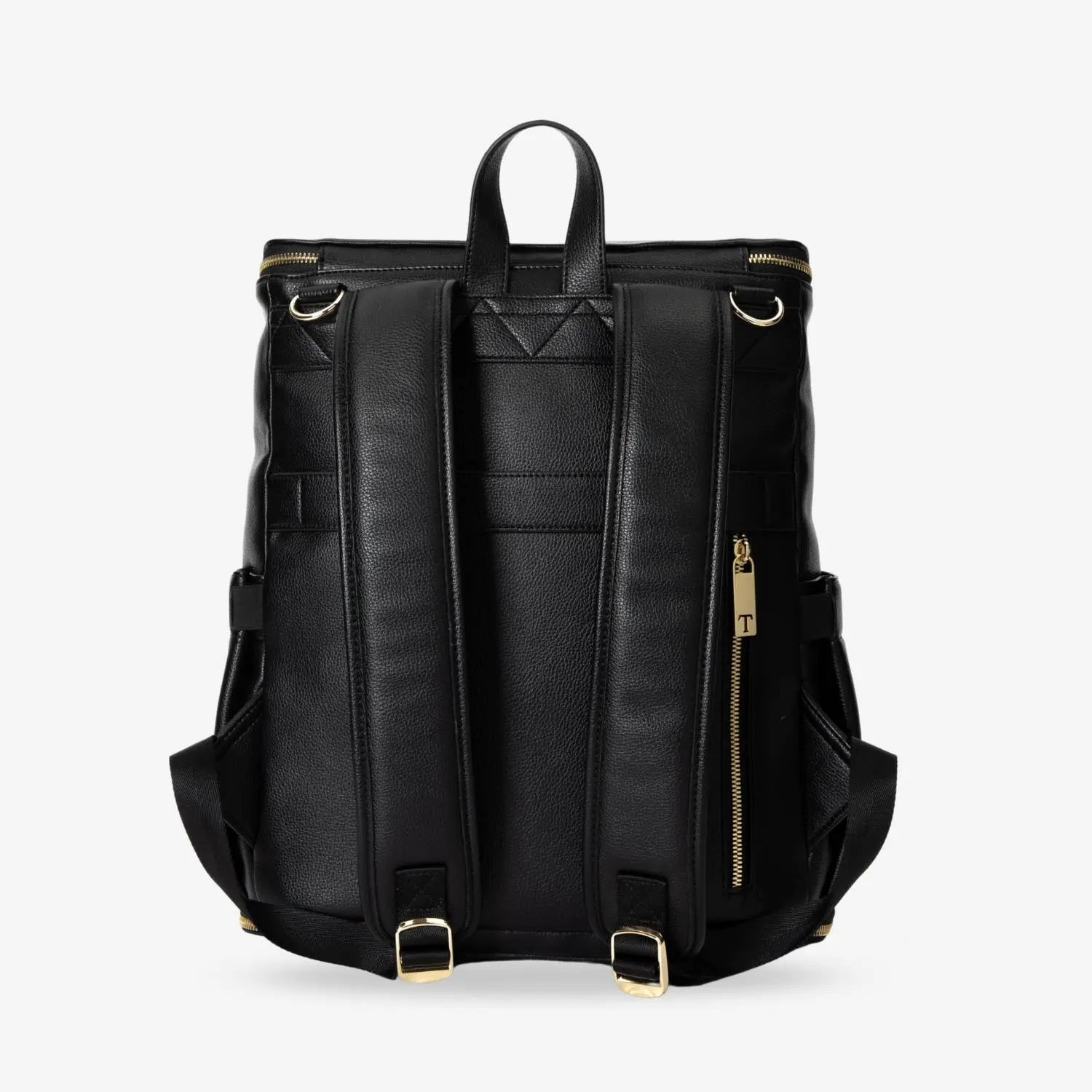 Back view of black nappy bag backpack featuring gold hardware – sleek and functional design.