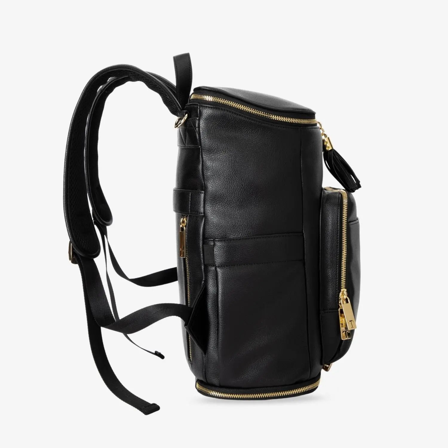 Black nappy bag backpack side profile with gold hardware – minimalist and elegant design for parents.