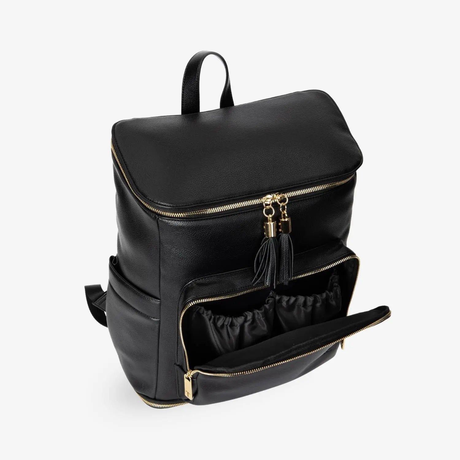 Side view of black nappy bag backpack with one compartment open, featuring gold hardware on white background – spacious and accessible design.