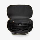 Detailed top view of black nappy bag backpack showcasing gold hardware – spacious and functional