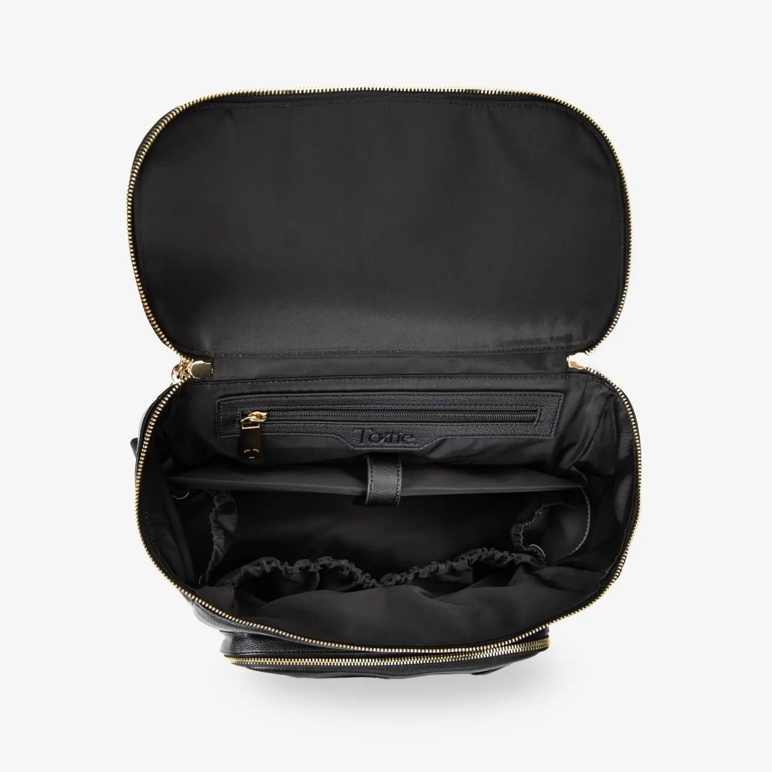 Detailed top view of black nappy bag backpack showcasing gold hardware – spacious and functional
