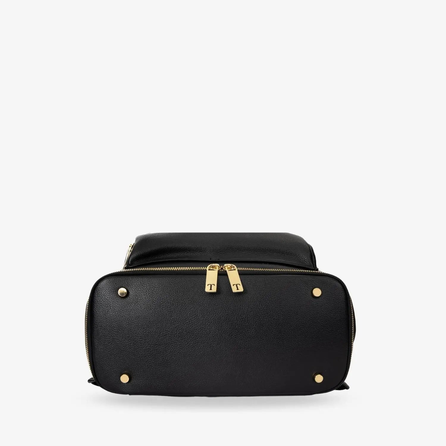 Black nappy bag backpack bottom showing gold hardware accents – functional and fashionable base.