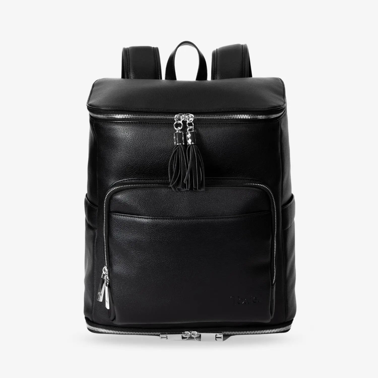 Front view of black nappy bag backpack with silver hardware – sleek, modern design for everyday parenting.