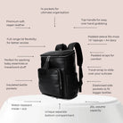 Black nappy bag with silver hardware and feature labels – highlighting why it’s one of the best nappy bags for Aussie parents.