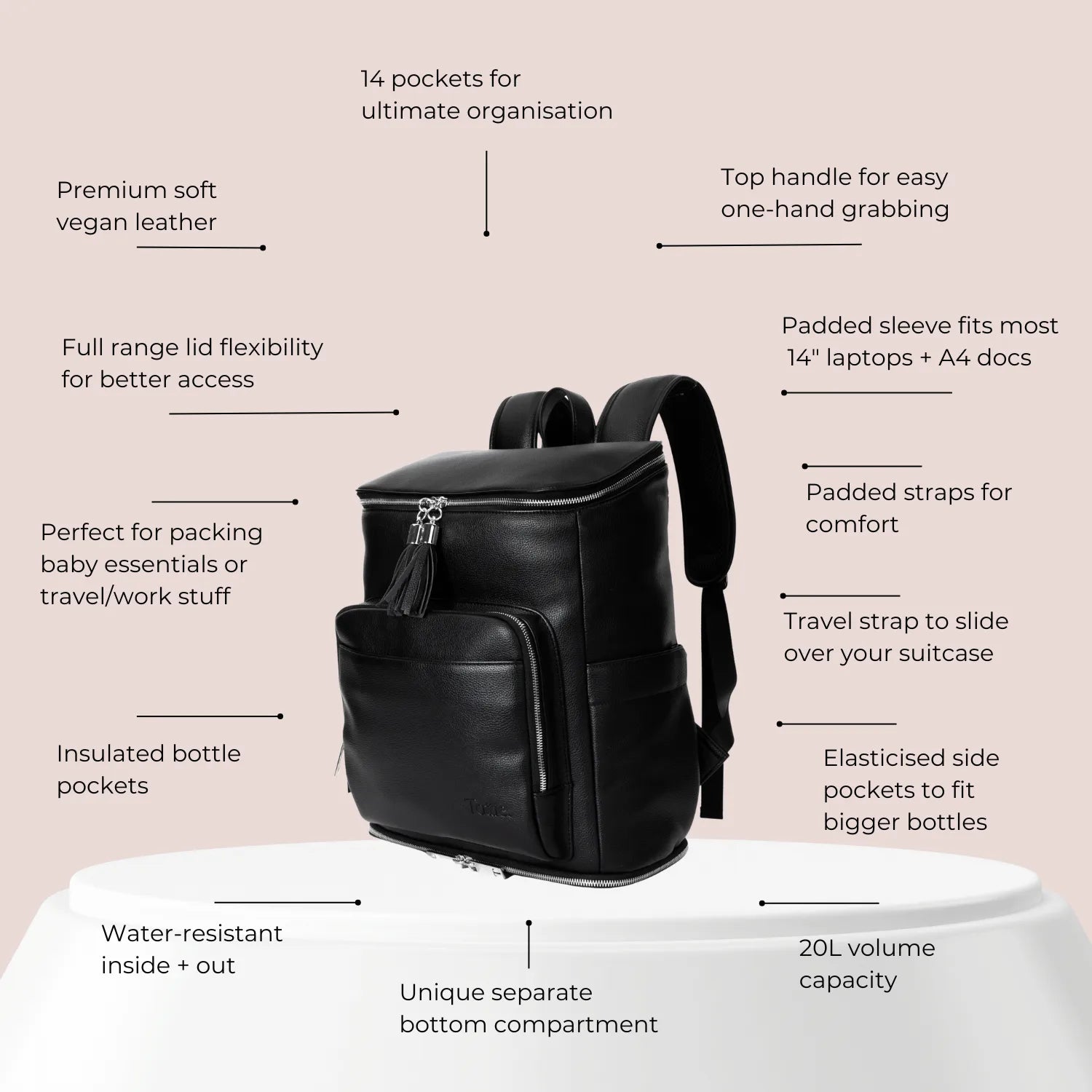 Black nappy bag with silver hardware and feature labels – highlighting why it’s one of the best nappy bags for Aussie parents.