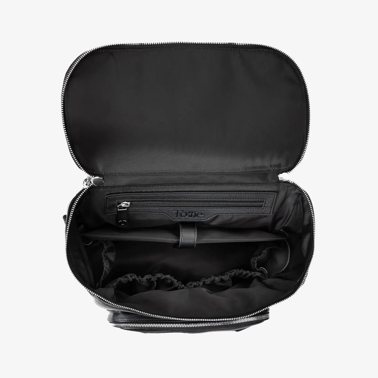 Top-down view of a black nappy bag backpack with silver hardware, showcasing its opening and compartments.