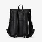 Black nappy bag backpack back profile with silver hardware – designed for everyday functionality and comfort
