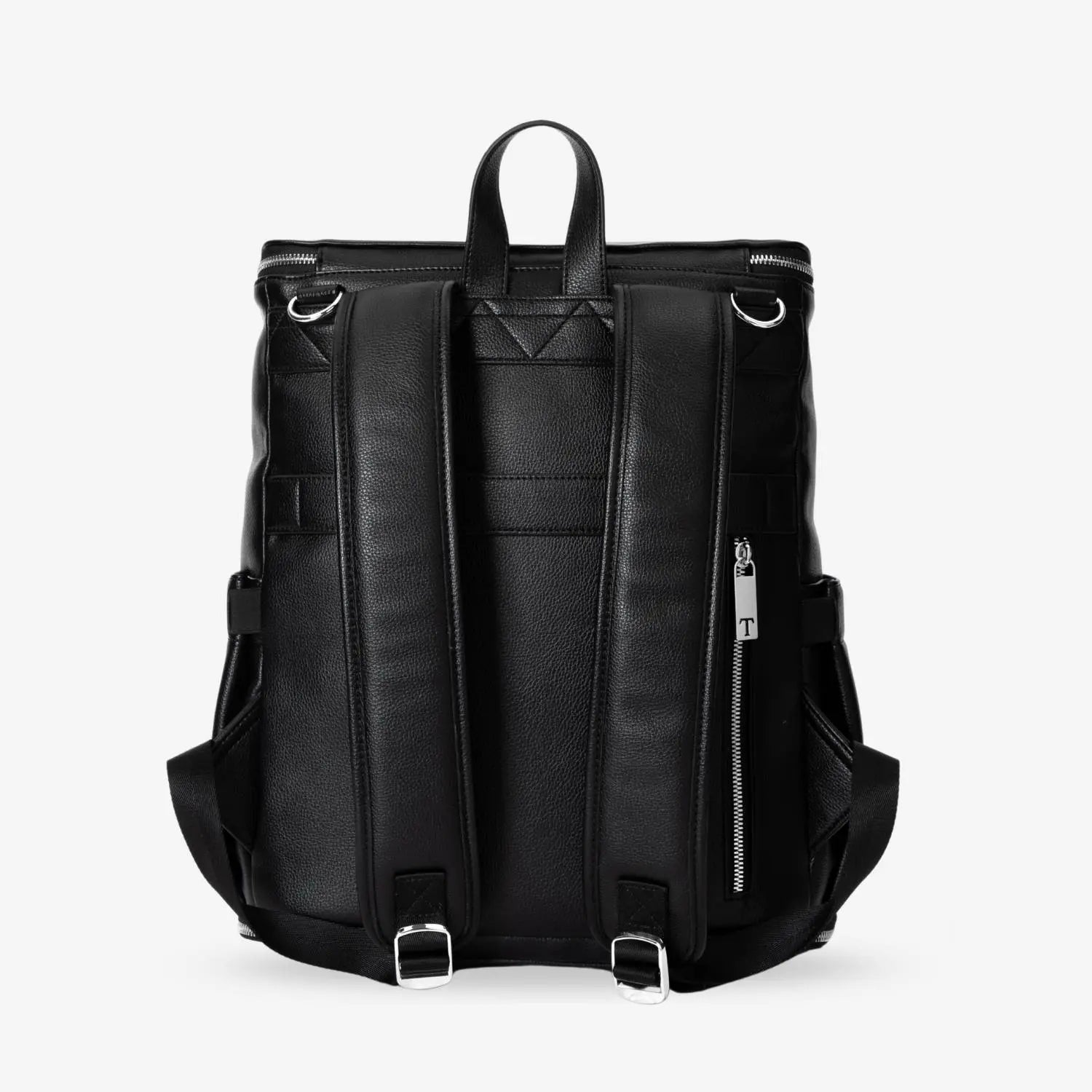 Black nappy bag backpack back profile with silver hardware – designed for everyday functionality and comfort