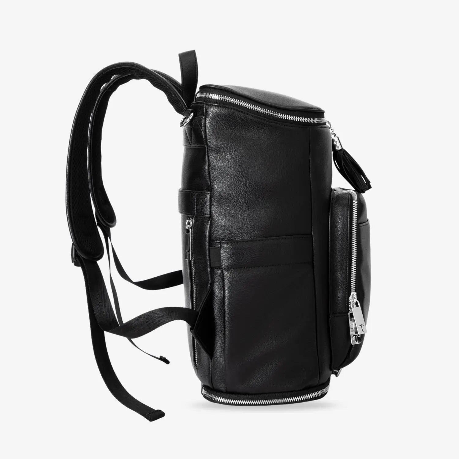 Black nappy bag backpack shown from the side with silver hardware – stylish and spacious baby bag