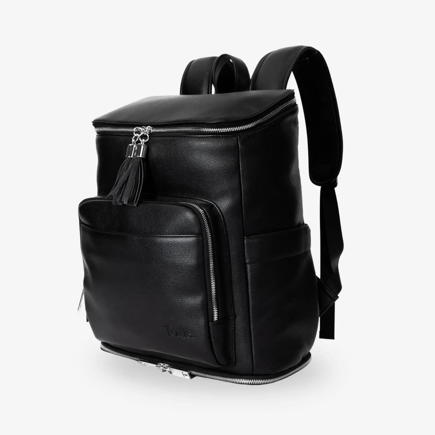 Slight side view of black nappy bag backpack with silver hardware – sleek and practical baby bag design.