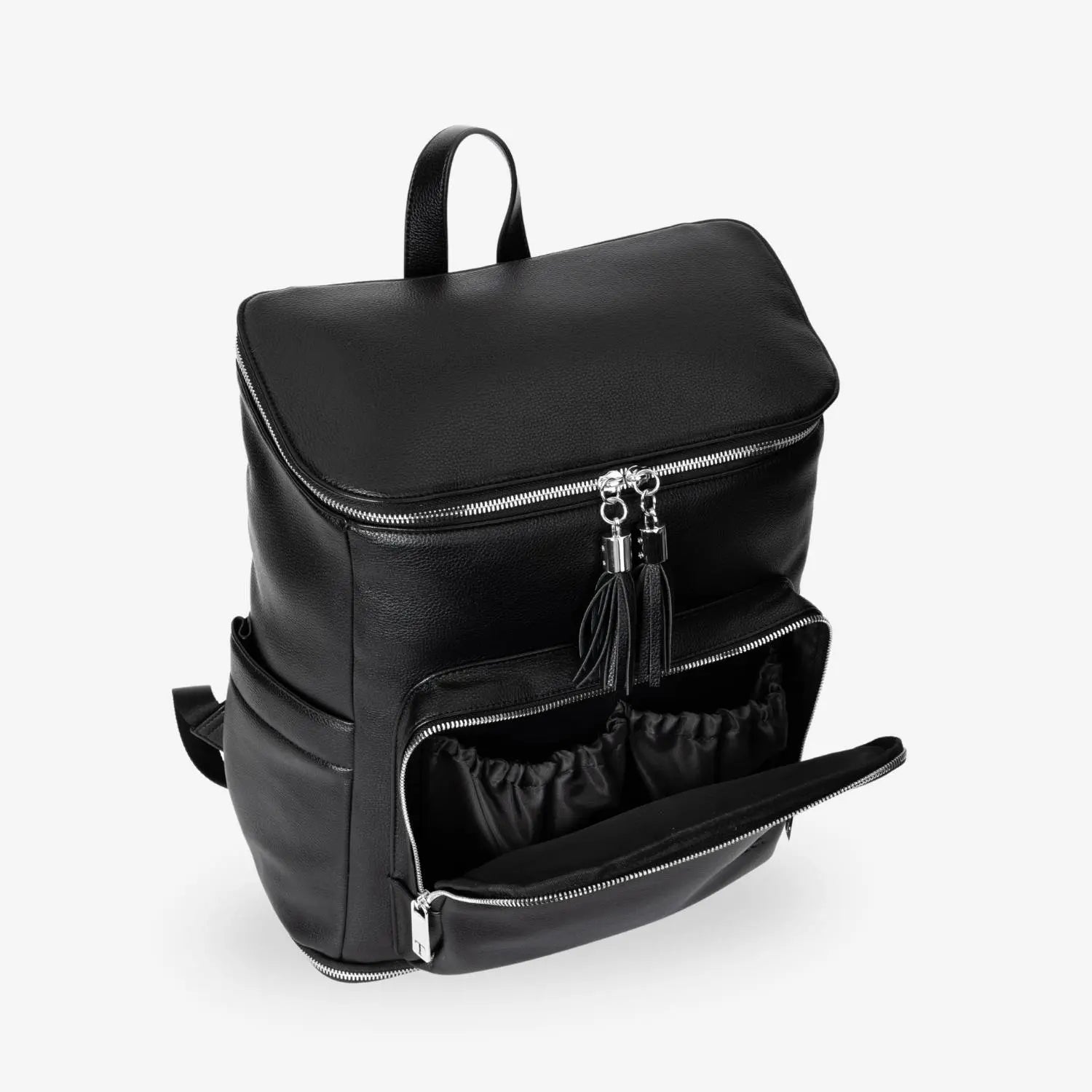 Close side view of black nappy bag backpack with silver hardware and open main compartment – easy access and roomy interior