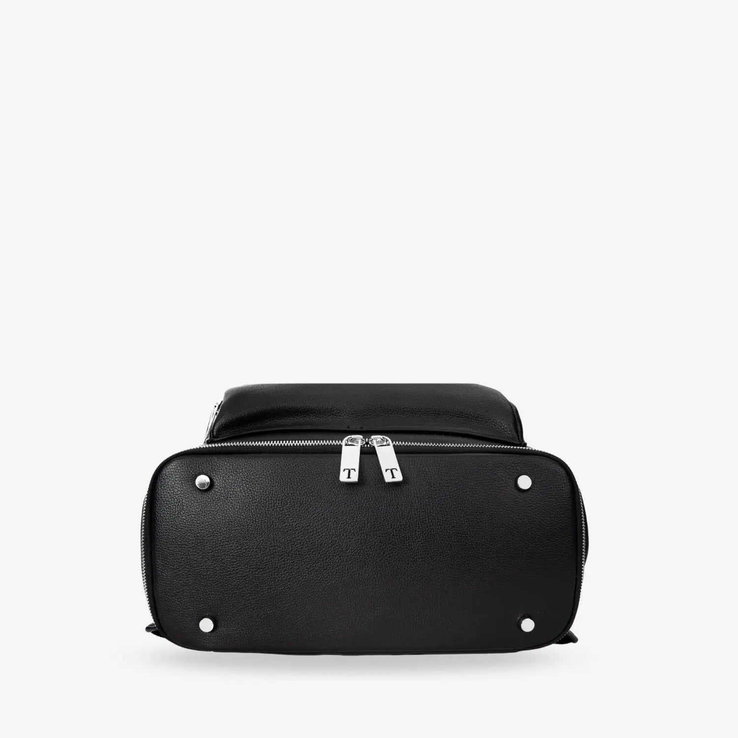 Detailed bottom view of black nappy bag backpack featuring silver hardware – reinforced for everyday use.