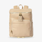 Stone colour nappy bag backpack shown from the front with gold hardware – elegant and practical baby bag.