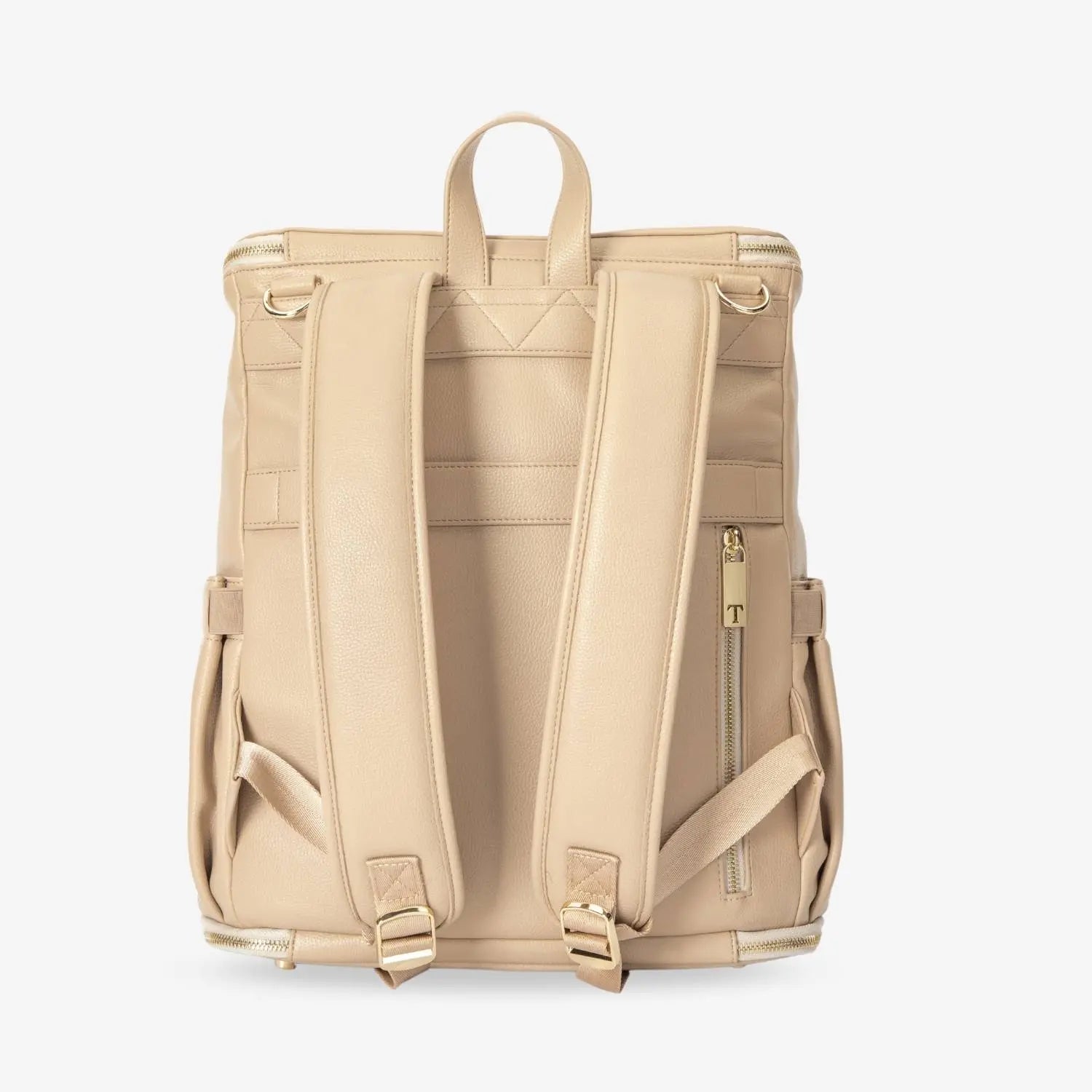 Back view of stone nappy bag backpack with gold hardware – adjustable straps and ergonomic design for comfort.