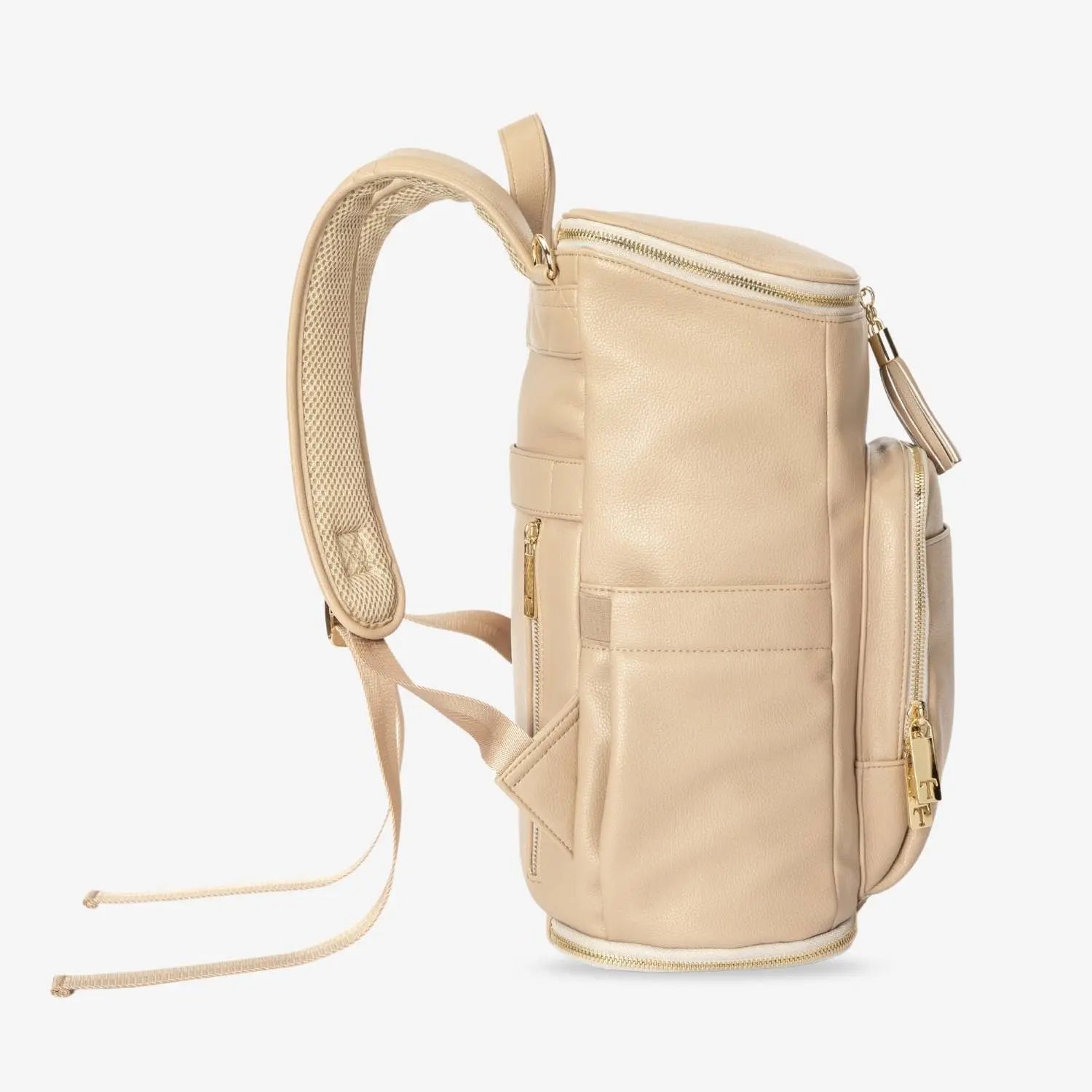 Stone nappy bag backpack with gold hardware seen from side – elegant design with easy-access compartments.
