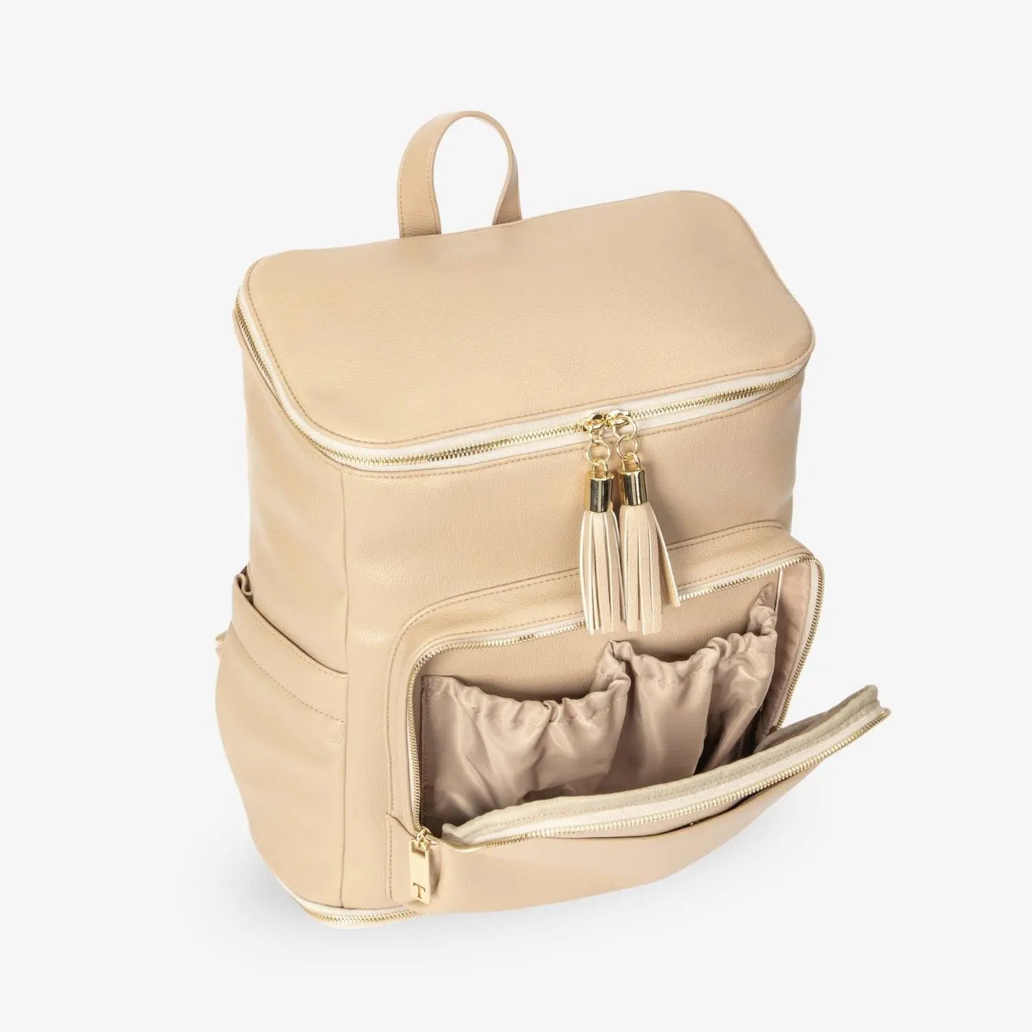 Semi side view of stone nappy bag backpack with gold hardware and open main compartment – spacious and easy to access