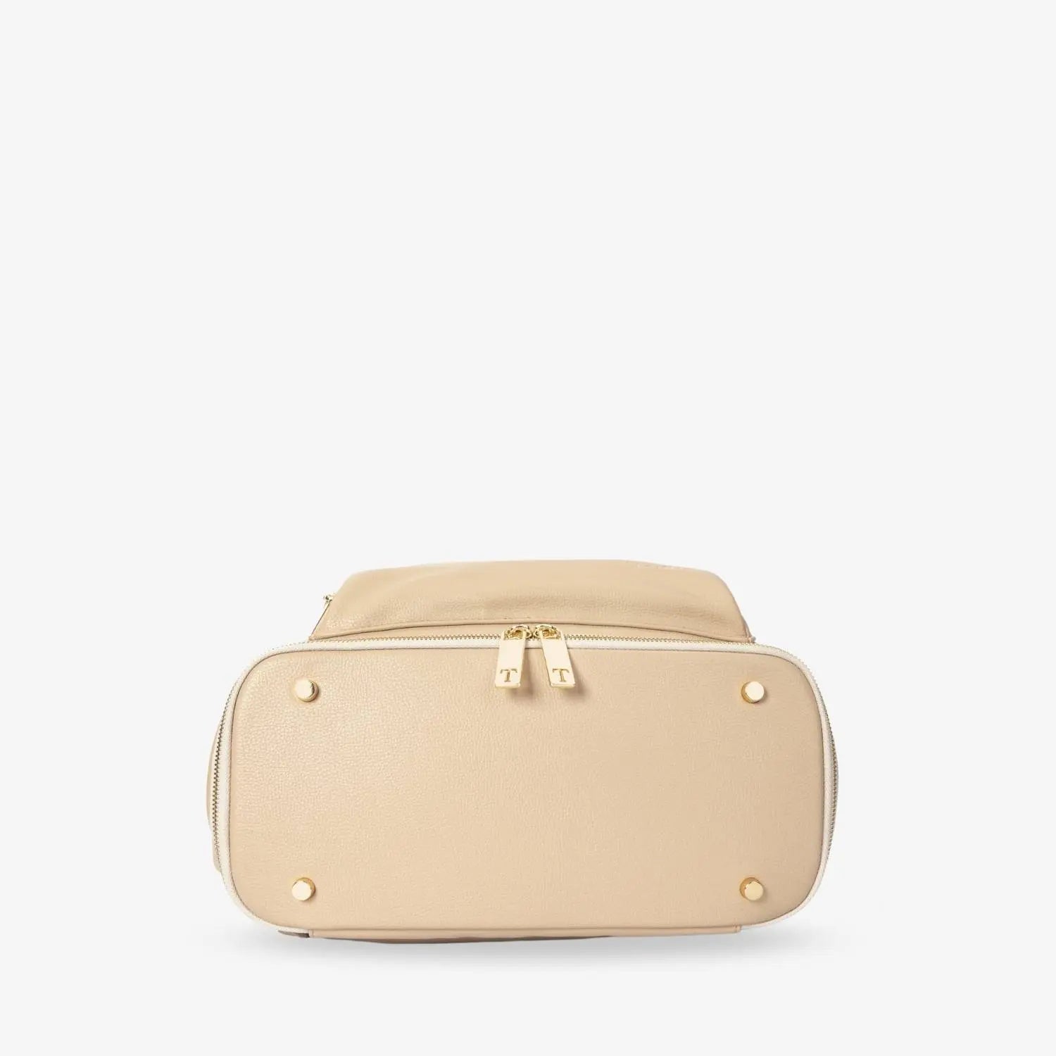 Bottom view of stone nappy bag backpack with gold hardware – sturdy base for daily wear and tear.