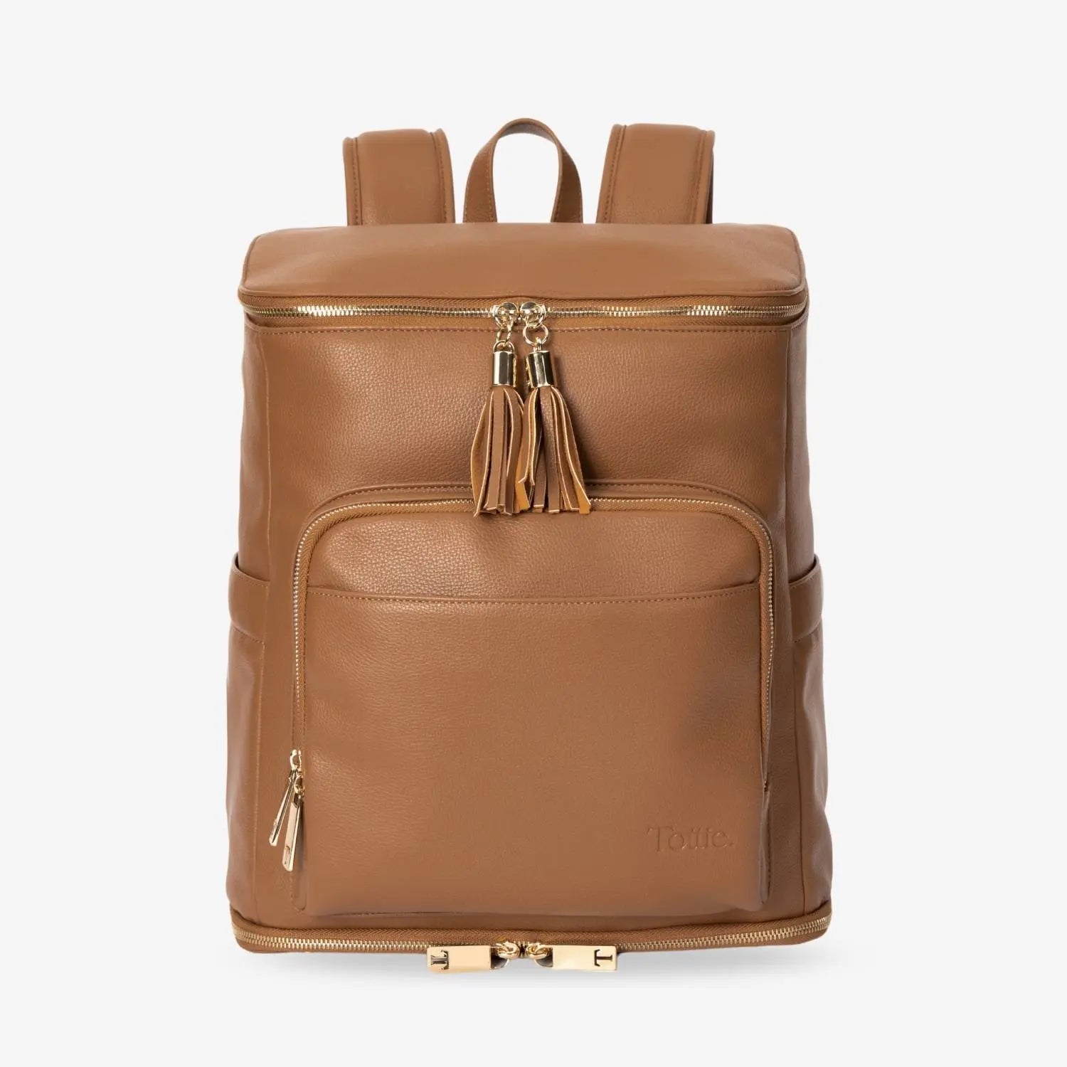 Front-facing tan nappy bag backpack with gold hardware – perfect for busy mums and dads.