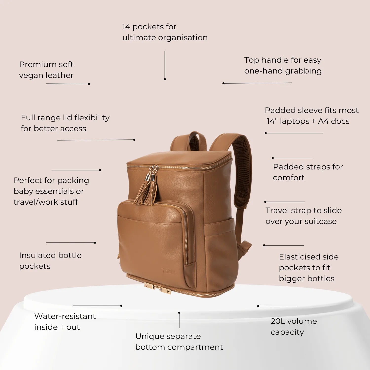 Tan nappy bag with gold hardware and feature callouts – the best nappy bag combining style and practicality.