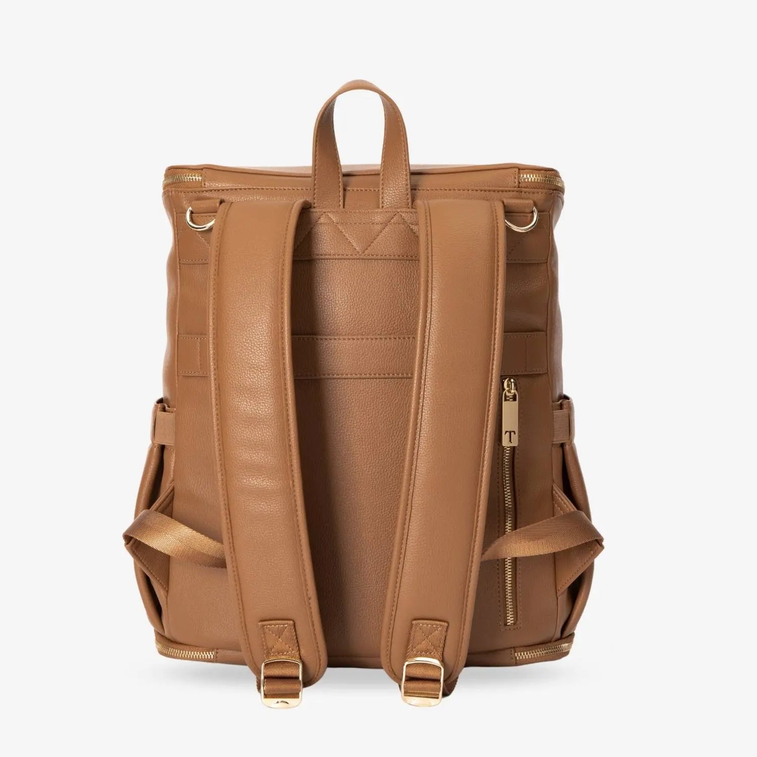 Detailed back view of tan nappy bag backpack with gold hardware – stylish and sturdy for everyday use