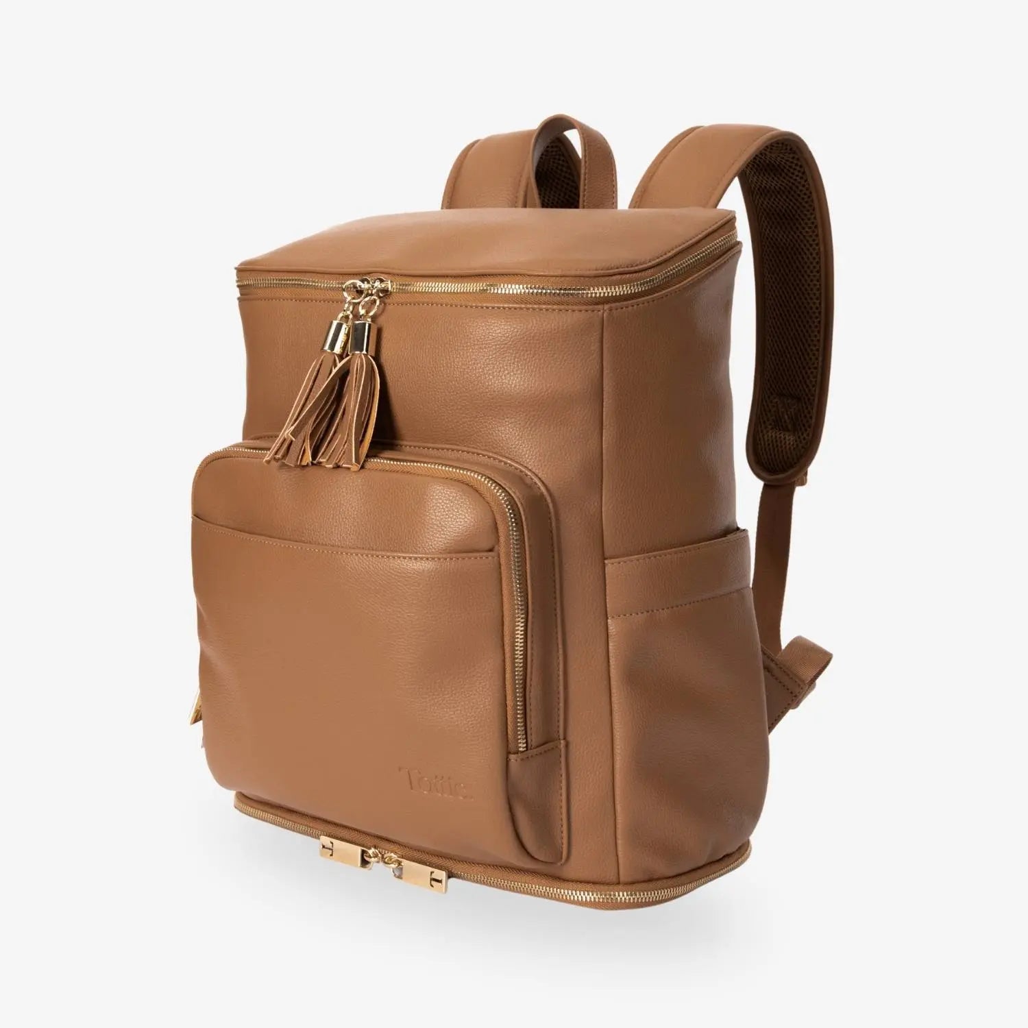 Tan nappy bag backpack slight side view showing gold hardware – perfect for organised parents