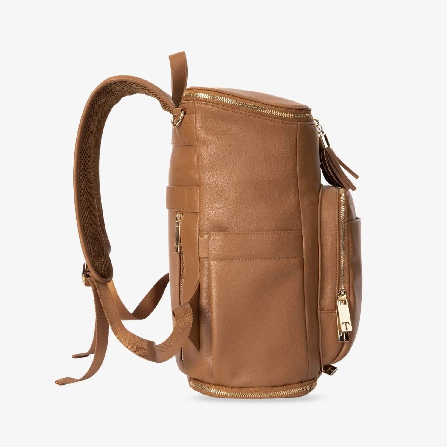 Tan colour nappy bag backpack side view with gold hardware – perfect for busy Australian mums and dads