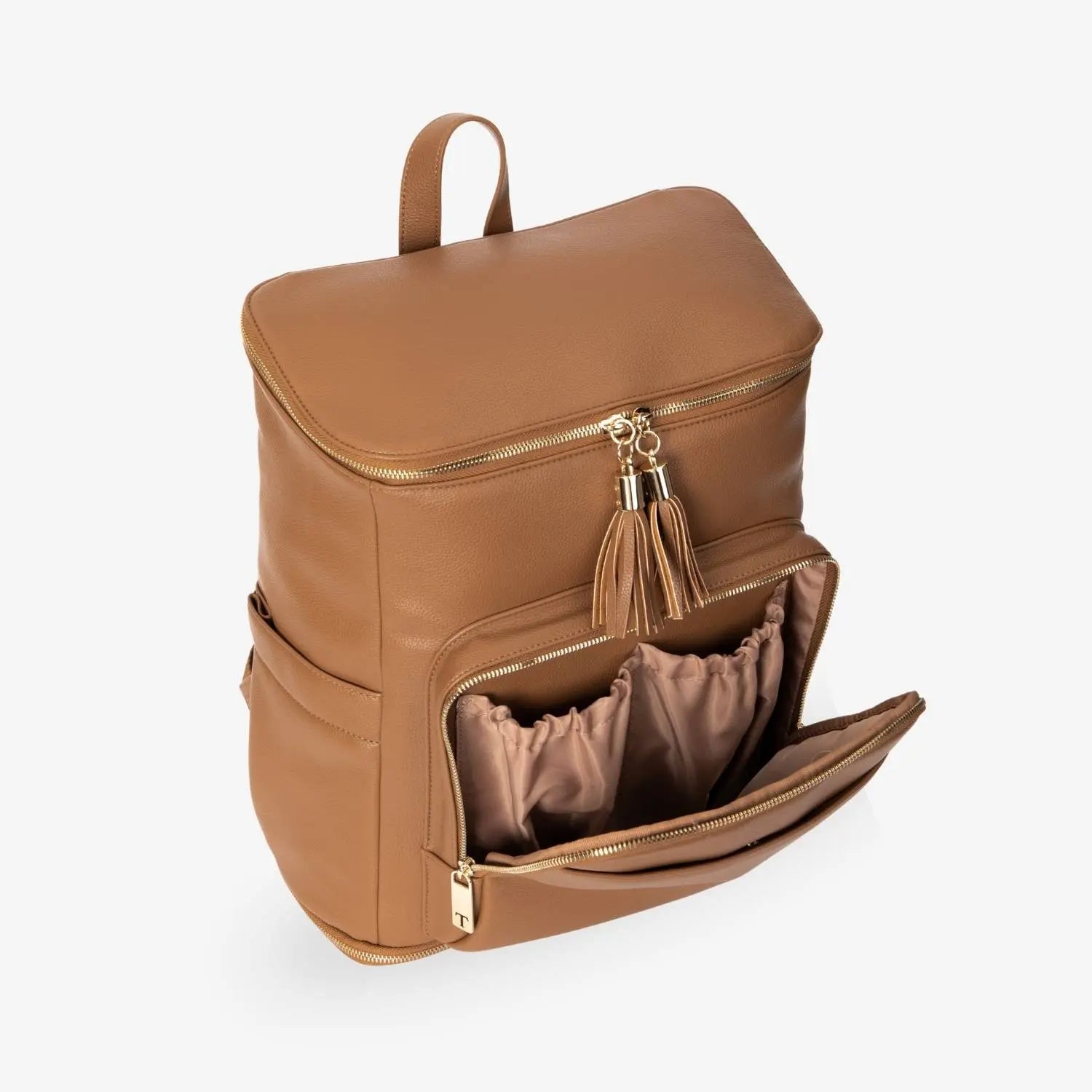 Slight side view of open compartment on tan nappy bag backpack with gold hardware – organised storage for baby essentials.