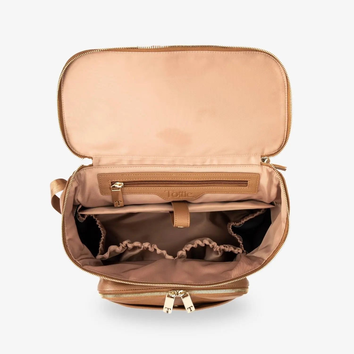 Tan nappy bag backpack open from the top with gold hardware – neat interior layout and durable materials.