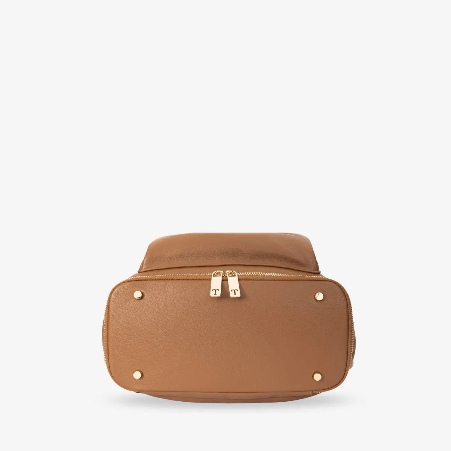 Bottom view of tan nappy bag backpack with gold hardware – sturdy base with protective feet for durability